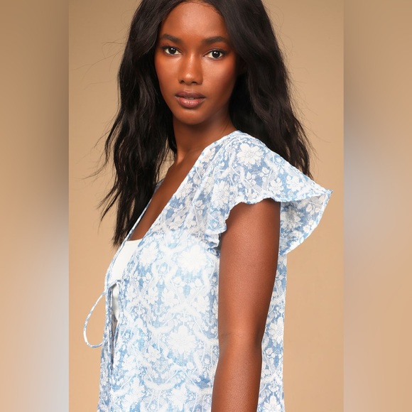 Tender Times Light Blue Floral Print Tie-Front Duster - Picture 4 of 6